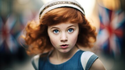 Fototapeta premium Curious young girl with red hair and blue eyes