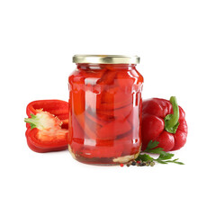 Tasty pickled bell peppers in jar and fresh ingredients isolated on white