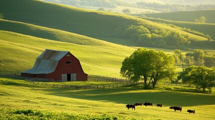 Peaceful rural scene with a classic barn, grazing cows, and rolling green hills