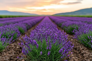 Obraz premium Vibrant lavender field at sunset