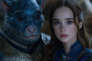 fantasy creature and young woman in blue outfit