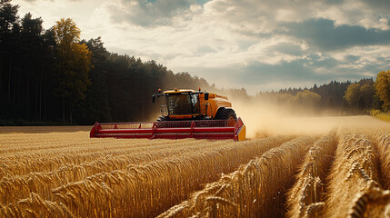 Fototapeta premium a red and yellow harvester working in a wheat field