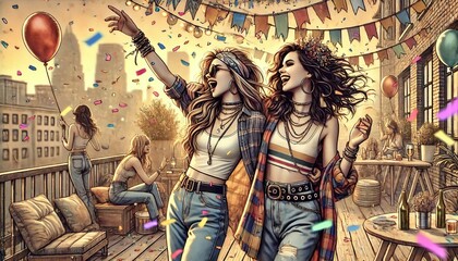 Fototapeta premium Hipster Girlfriends Celebrating with Confetti