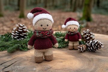 Festive Christmas dolls in winter forest