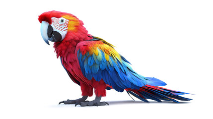 Obraz premium A colorful parrot stands on a white background. The bird is red, yellow, and blue, and it looks like it's looking at the camera. The image has a bright and cheerful mood