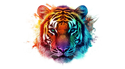 A colorful tiger with a green eye. The tiger is surrounded by a splash of color, giving it a vibrant and lively appearance