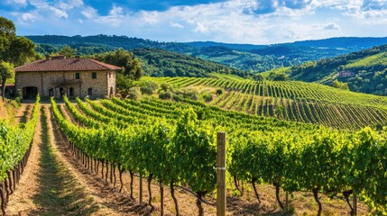 Fototapeta premium Scenic vineyard landscape with rows of grapevines rolling hills and a rustic winery