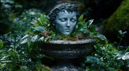Obraz premium Serene garden statue surrounded by lush foliage