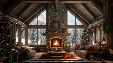 Fototapeta premium Snowy mountain cabin with a stone fireplace pine trees 