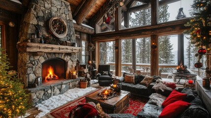 Snowy mountain cabin with a stone fireplace  pine trees  