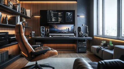 Sophisticated home office with ergonomic furniture, large monitor, and a sleek design