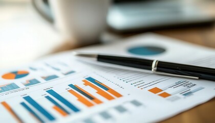 Business finance with charts and reports on a desk, organized style, sharp focus, bright lighting, high detail