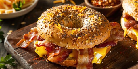 Bird's-eye view of a homemade breakfast sandwich featuring bacon, egg, and cheese on a wooden board.