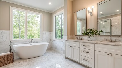 Fototapeta premium Stylish and modern bathroom with a freestanding tub, marble countertops, and elegant fixtures --ar 16:9 --v 6.1 Job ID: 71ea5686-dc9d-43d8-ad8d-529b8e964e23
