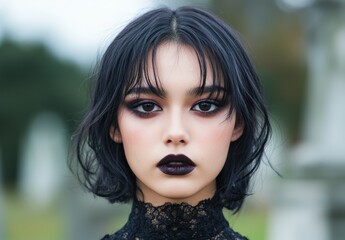 Naklejka premium Mysterious woman with dark makeup and hairstyle