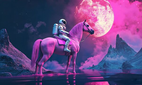 un astronaute sur un cheval Pink dans une mer sur une plan&egrave;te situ&eacute;e au c&oelig;ur d'une galaxie. L'atmosph&egrave;re est myst&eacute;rieuse et cosmique, avec des paysages &eacute;tranges autour.
