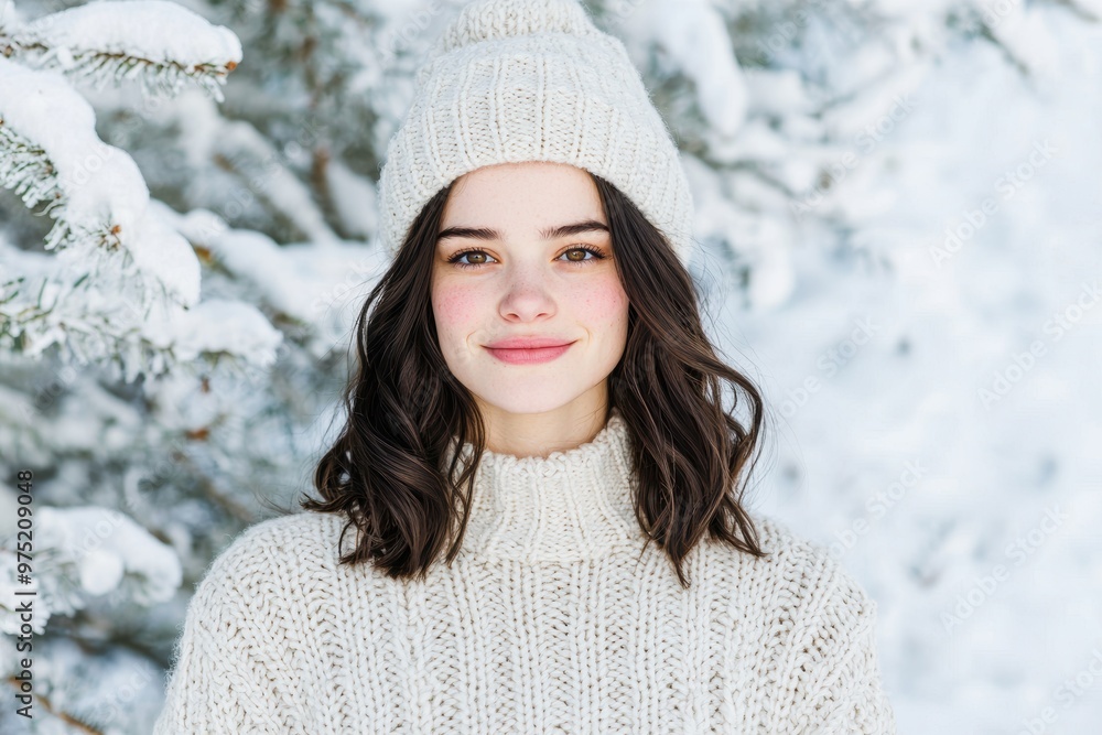 Wall mural young woman in winter clothing smiling in snowy forest