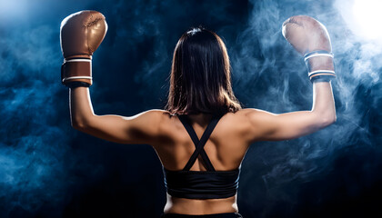 Back view of woman boxer fighter raised hands in victory gesture. Concept of hard sport, glory and success, Silhouette with smoke on background, dark wallpaper scene.