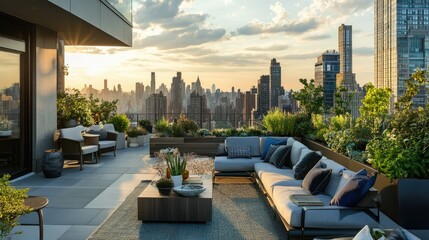 Urban rooftop garden with potted plants, modern furniture, and a panoramic city view