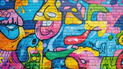 Obraz premium Vibrant street art mural on a brick wall with bold colors and creative designs