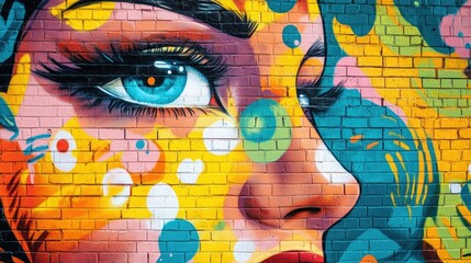 Obraz premium Vibrant street art mural on a brick wall with bold colors and creative designs
