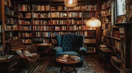 Vintage bookstore with wooden shelves, cozy seating, and a warm, inviting atmosphere