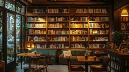 Vintage bookstore with wooden shelves, cozy seating, and a warm, inviting atmosphere