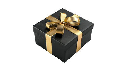 Black gift box with gold ribbon on transparent background