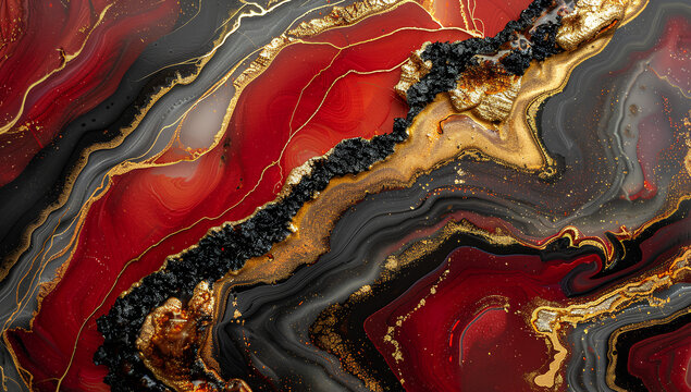 Red and black abstract background with gold, alcohol ink, fluid art, colorful red agate geode stone pattern, luxurious wall decor print artwork