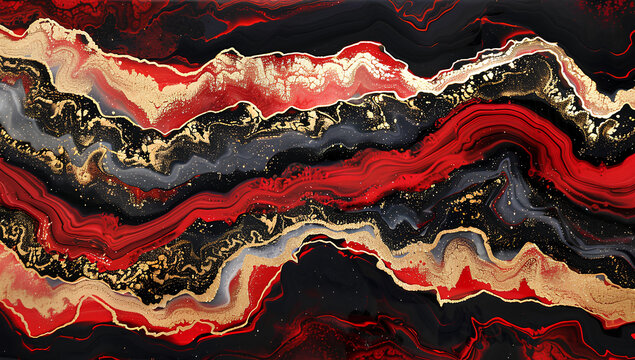 Red and black abstract background with gold, alcohol ink, fluid art, colorful red agate geode stone pattern, luxurious wall decor print artwork