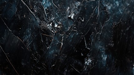 A close-up of a dark, abstract painting with deep blacks, sharp lines, and a sense of mystery and intensity in the composition
