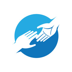 This is a simple flat logo in blue color that depicts two hands helping each other on a round shape that can be used for social or charity related purposes