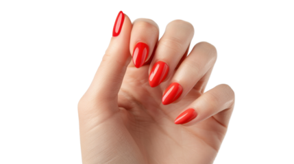 Woman's hand with freshly done red nails on transparent background