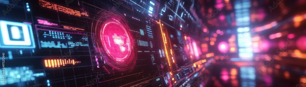 Poster futuristic digital interface displaying mobility metrics and steps with glowing holograms