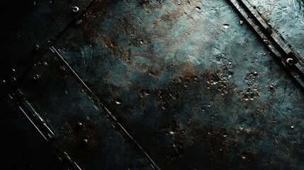 A close-up of dark, metallic textures with sharp edges, deep shadows, and a cold, industrial feel