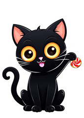 Halloween Styled Happy black cat playing with candy Graphic Ready for Apparel, Accessories, Laptop sticker, Metal print, Bath mat