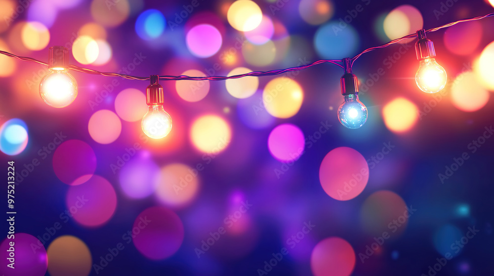 Poster colorful bokeh and retro string lights for festive party background