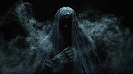 A conceptual art piece featuring a dark, ominous figure shrouded in shadows, standing against a pitch-black background