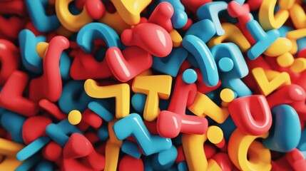A creative arrangement of 3D bubble letters in bright, primary colors, stacked on top of each other in a playful, irregular pattern