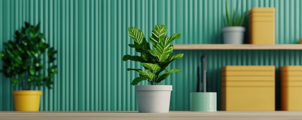 Eco Friendly clean power, A vibrant interior scene featuring potted plants and colorful storage boxes against a textured green wall.