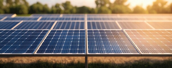 Eco Friendly clean power, Close-up of solar panels reflecting sunlight in a green landscape, symbolizing renewable energy and sustainable technology.