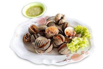 Top view of Boiled Cockle with seafood sauce, focus selective