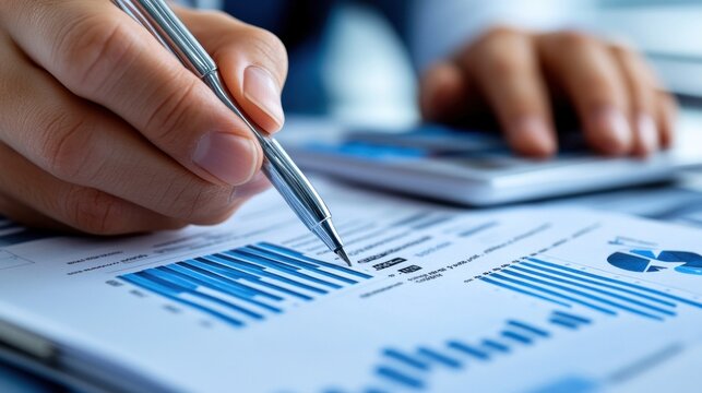 Detailed image of accountant's hands adjusting financial forecast in report in preparation for presentation.