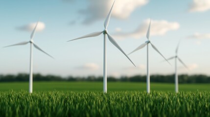 Eco Friendly clean power, Scenic view of wind turbines in a lush green field under a clear sky, symbolizing renewable energy and environmental sustainability.