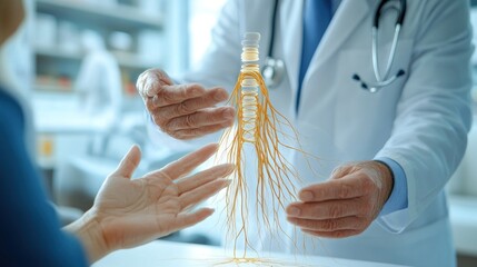 A detailed view of a nerve diagram, highlighting the areas affected by neuropathy, with a doctor explaining to a patient