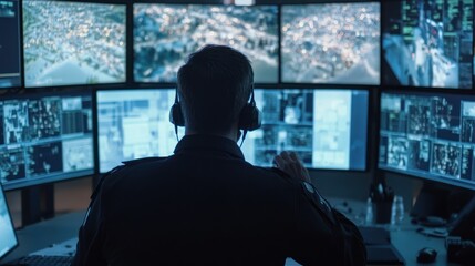 Fototapeta premium A detailed view of an emergency operations center, with responders monitoring multiple screens displaying live incident data
