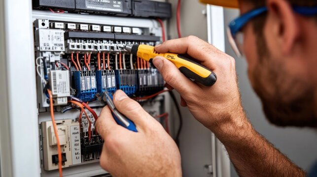 A detailed view of an electrician troubleshooting a malfunctioning electrical panel, using diagnostic tools to find the issue