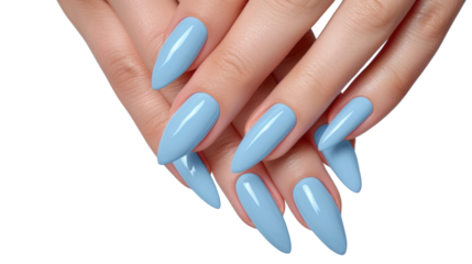 Woman's hand with freshly done blue nails on transparent background
