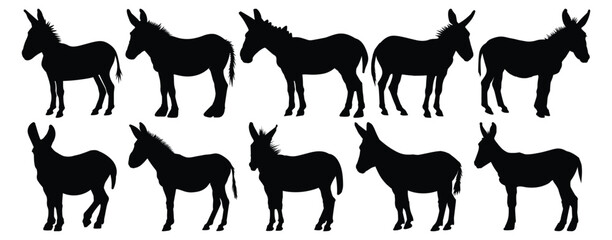 Donkey silhouettes set, animal pack of vector silhouette design, isolated background