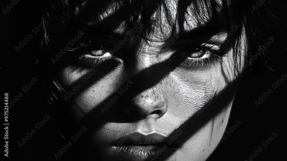 Poster a dramatic, high-contrast portrait with deep shadows obscuring parts of the face, creating a mysteri